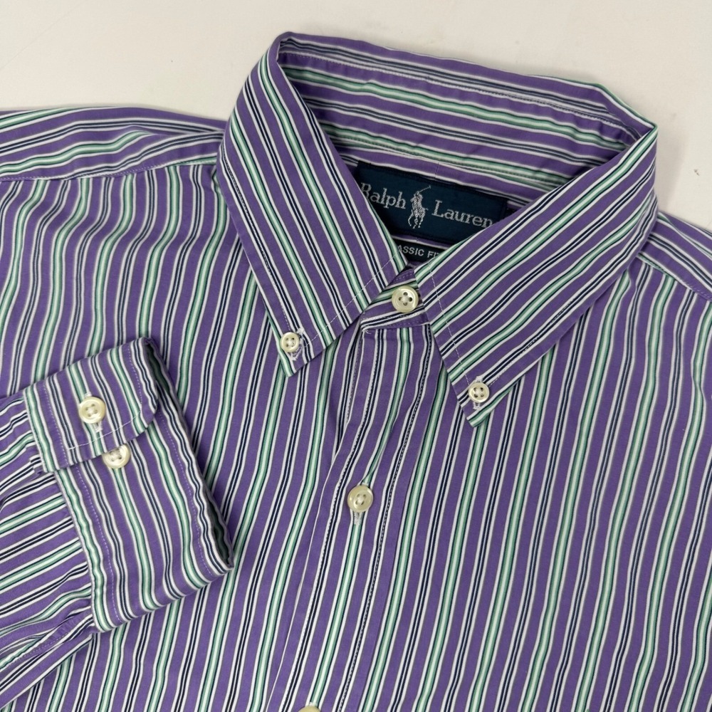 Ralph Lauren‎ Button Down Shirt Mens 15.5 32/33 Purple Green Striped Classic Fit